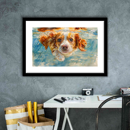 Funny Brittany Spaniel Dog Playing Swiming Underwater, Framed Art Print White Border Wall Decor