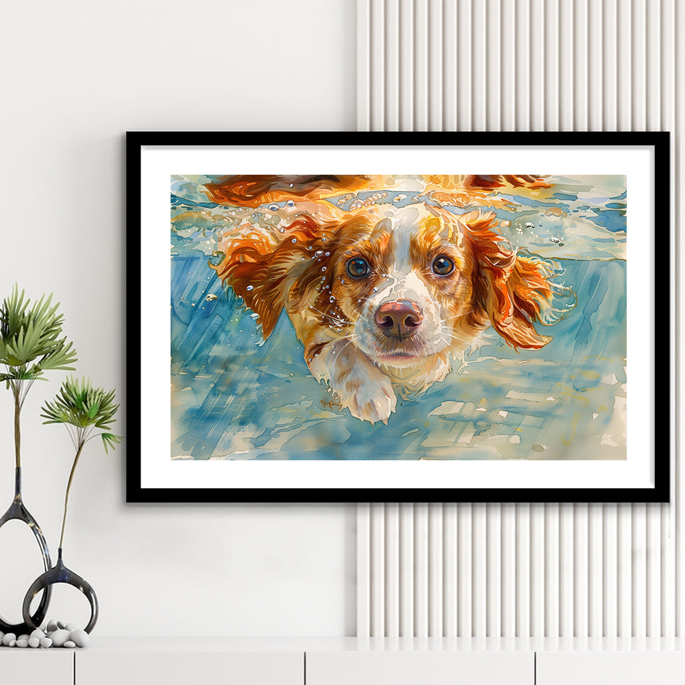 Funny Brittany Spaniel Dog Playing Swiming Underwater, Framed Art Print White Border Wall Decor