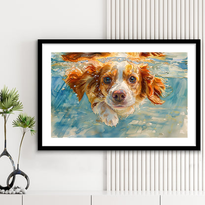 Funny Brittany Spaniel Dog Playing Swiming Underwater, Framed Art Print White Border Wall Decor