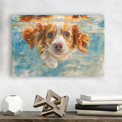 Funny Brittany Spaniel Dog Playing Swiming Underwater, Canvas Print Wall Art Home Decor