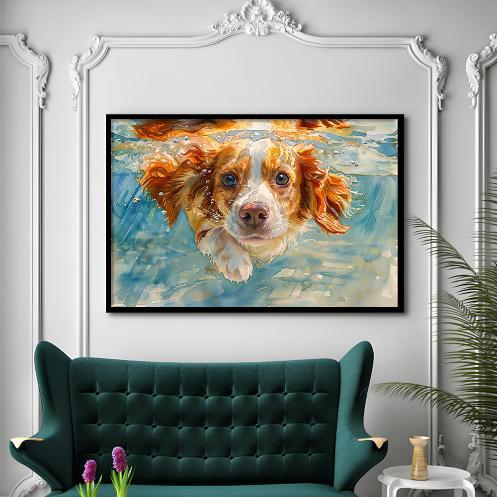 Funny Brittany Spaniel Dog Playing Swiming Underwater, Framed Art Print Wall Decor, Framed Picture