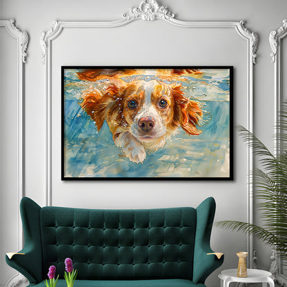Funny Brittany Spaniel Dog Playing Swiming Underwater, Framed Art Print Wall Decor, Framed Picture