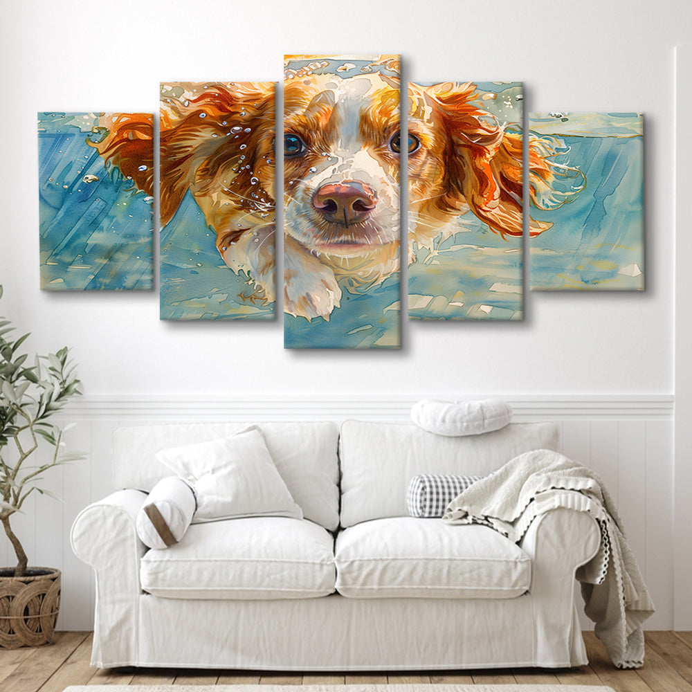 Funny Brittany Spaniel Dog Playing Swiming Underwater, Mixed Panels Canvas Print Wall Art
