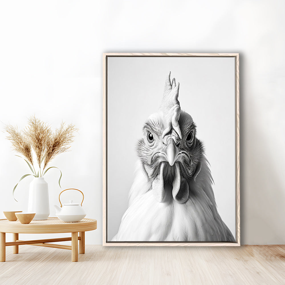 Funny Chicken Farm Decor Black and White, Framed Canvas Print Wall Art, Floating Frame
