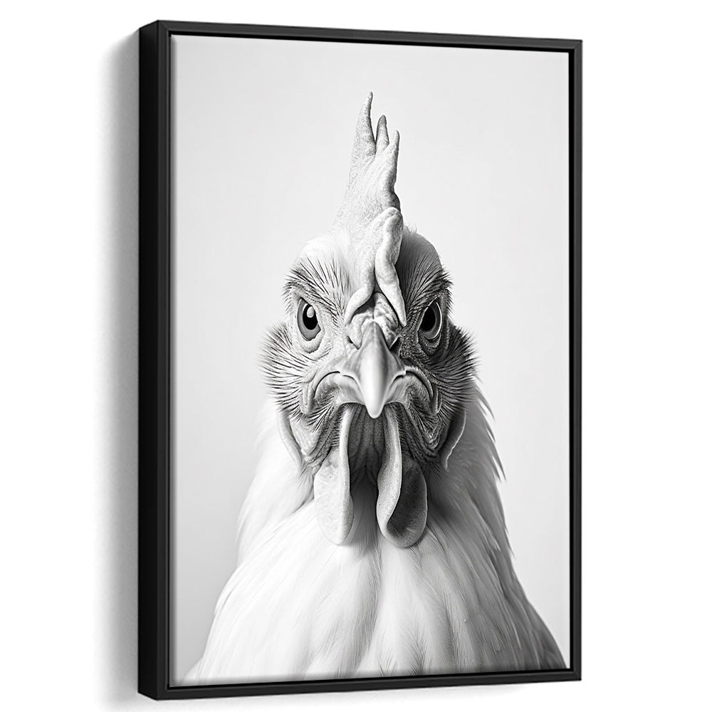 Funny Chicken Farm Decor Black and White, Framed Canvas Print Wall Art, Floating Frame