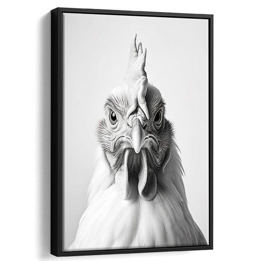 Funny Chicken Farm Decor Black and White, Framed Canvas Print Wall Art, Floating Frame