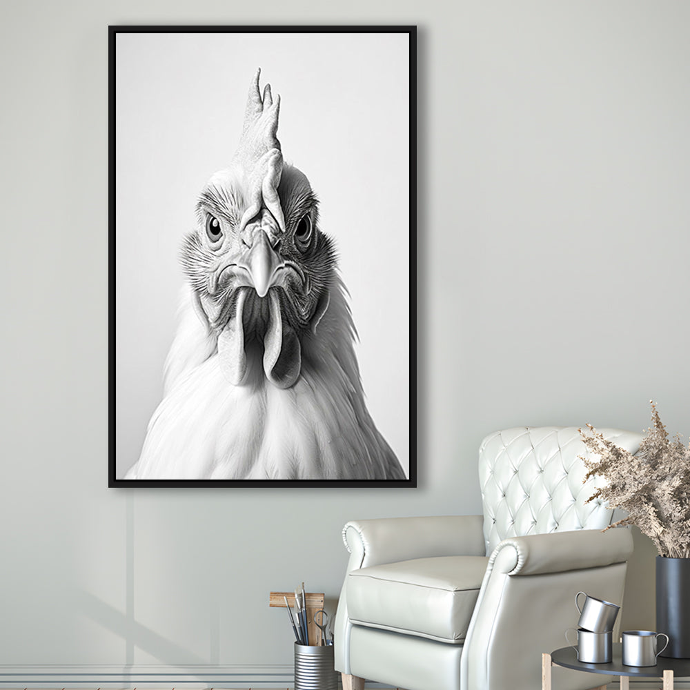 Funny Chicken Farm Decor Black and White, Framed Canvas Print Wall Art, Floating Frame