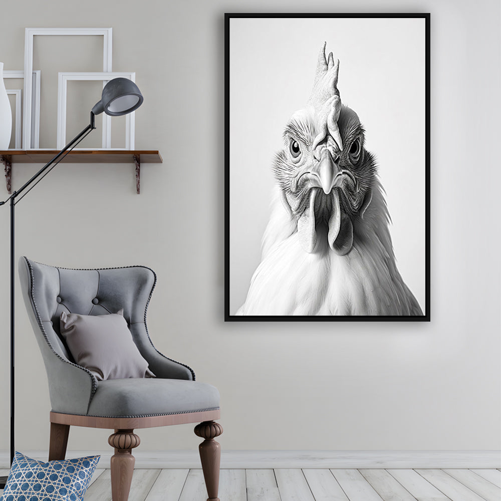 Funny Chicken Farm Decor Black and White, Framed Canvas Print Wall Art, Floating Frame