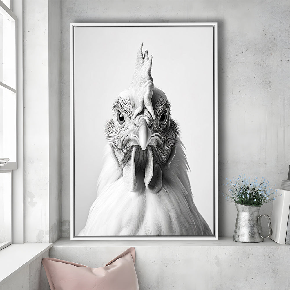 Funny Chicken Farm Decor Black and White, Framed Canvas Print Wall Art, Floating Frame