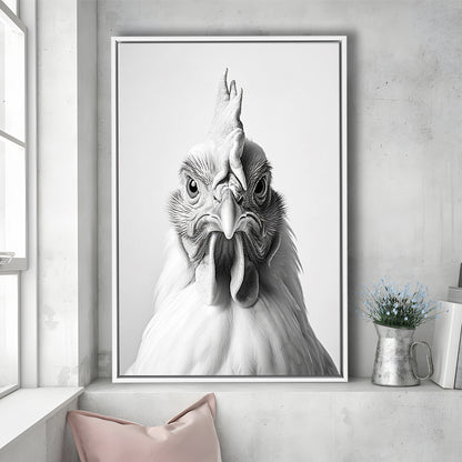 Funny Chicken Farm Decor Black and White, Framed Canvas Print Wall Art, Floating Frame