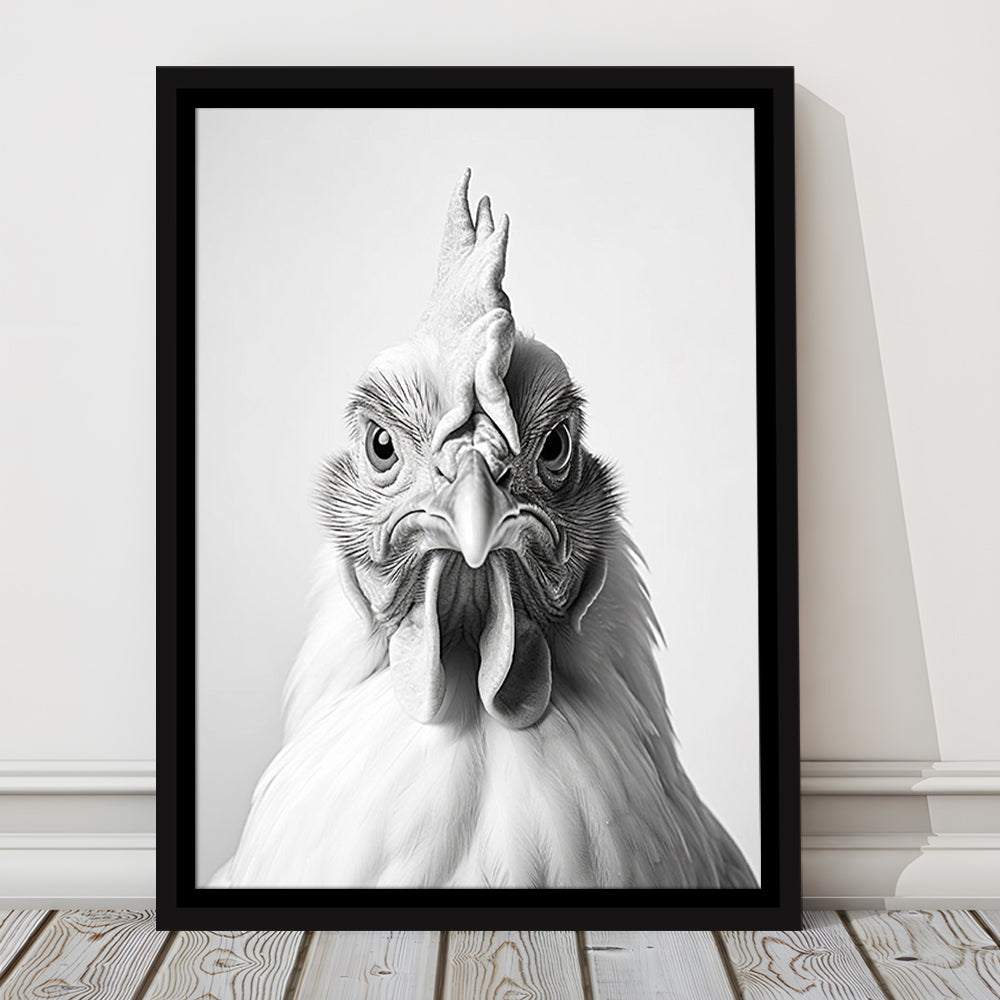 Funny Chicken Farm Decor Black and White, Framed Canvas Print Wall Art, Floating Frame