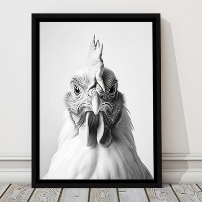 Funny Chicken Farm Decor Black and White, Framed Canvas Print Wall Art, Floating Frame