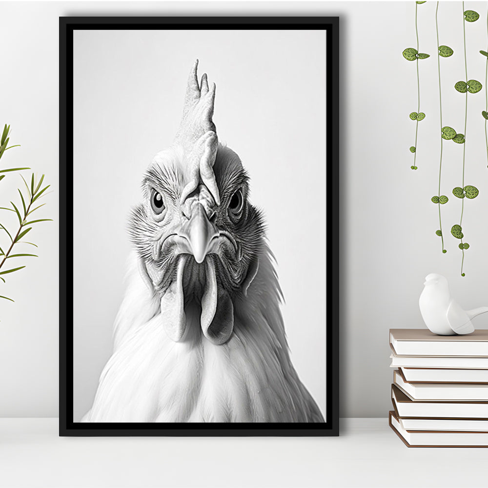 Funny Chicken Farm Decor Black and White, Framed Canvas Print Wall Art, Floating Frame