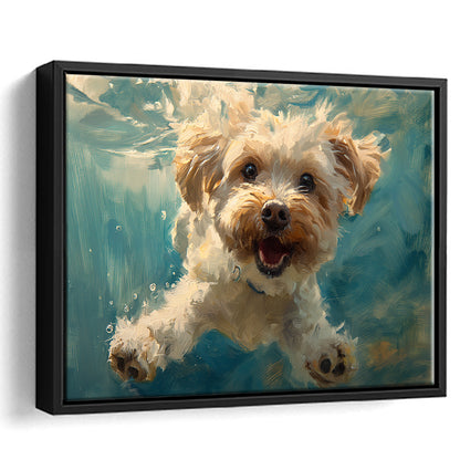 Funny Cockapoo Dog Swimming Underwater Watercolor, Funny Pet Art, Floating Framed Canvas Print Wall Art