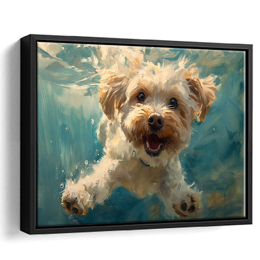 Funny Cockapoo Dog Swimming Underwater Watercolor, Funny Pet Art, Floating Framed Canvas Print Wall Art