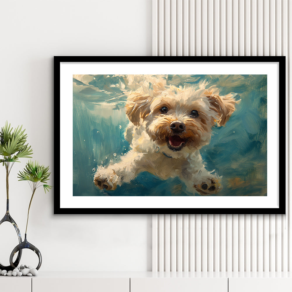 Funny Cockapoo Dog Swimming Underwater Watercolor, Funny Pet Art, Framed Art Print White Border Wall Decor