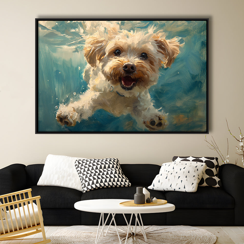Funny Cockapoo Dog Swimming Underwater Watercolor, Funny Pet Art, Floating Framed Canvas Print Wall Art