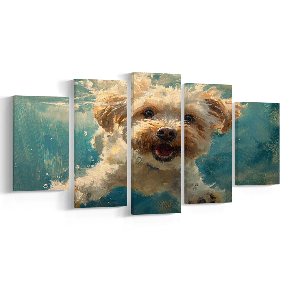 Funny Cockapoo Dog Swimming Underwater Watercolor, Funny Pet Art, Mixed Panels Canvas Print Wall Art