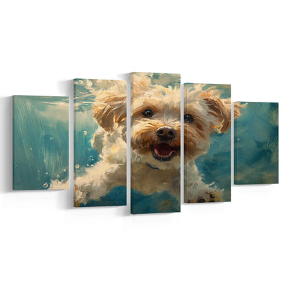 Funny Cockapoo Dog Swimming Underwater Watercolor, Funny Pet Art, Mixed Panels Canvas Print Wall Art
