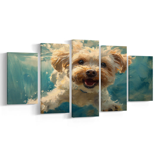 Funny Cockapoo Dog Swimming Underwater Watercolor, Funny Pet Art, Mixed Panels Canvas Print Wall Art