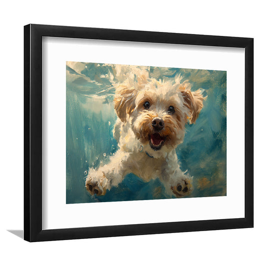 Funny Cockapoo Dog Swimming Underwater Watercolor, Funny Pet Art, Framed Art Print White Border Wall Decor