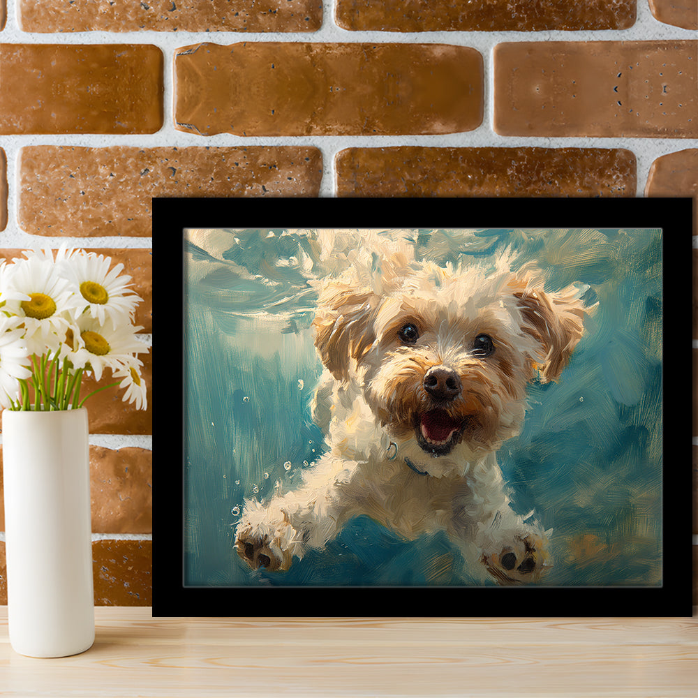Funny Cockapoo Dog Swimming Underwater Watercolor, Funny Pet Art, Framed Art Print Wall Decor, Framed Picture