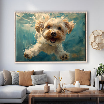 Funny Cockapoo Dog Swimming Underwater Watercolor, Funny Pet Art, Floating Framed Canvas Print Wall Art