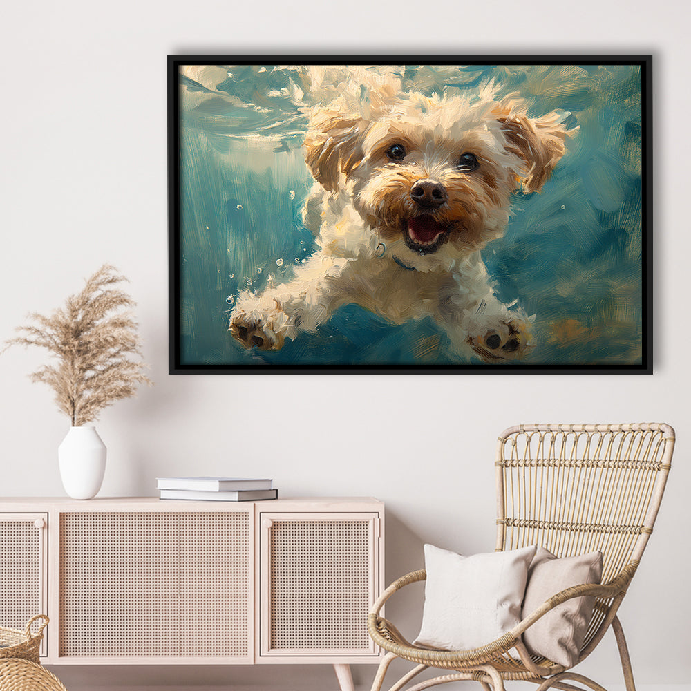 Funny Cockapoo Dog Swimming Underwater Watercolor, Funny Pet Art, Floating Framed Canvas Print Wall Art