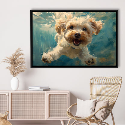 Funny Cockapoo Dog Swimming Underwater Watercolor, Funny Pet Art, Floating Framed Canvas Print Wall Art