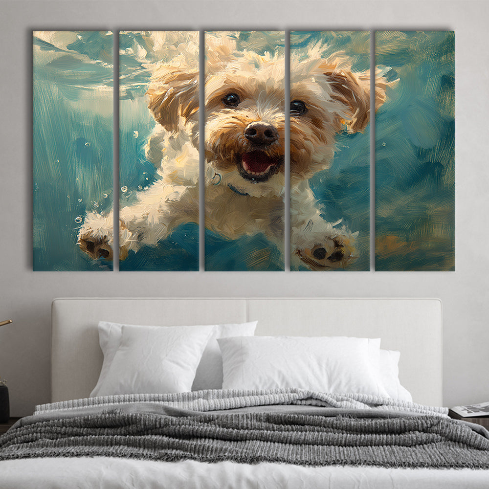 Funny Cockapoo Dog Swimming Underwater Watercolor, Funny Pet Art, Multi Panels Canvas Print Wall Art