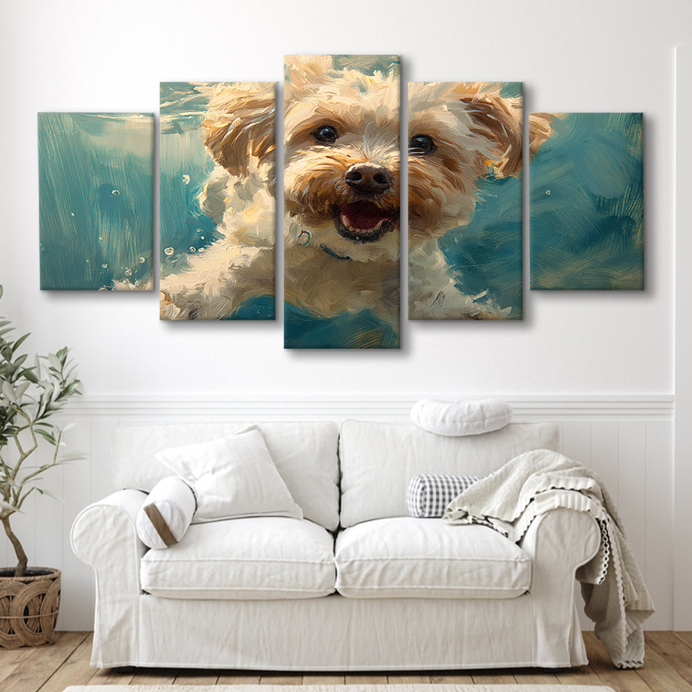 Funny Cockapoo Dog Swimming Underwater Watercolor, Funny Pet Art, Mixed Panels Canvas Print Wall Art