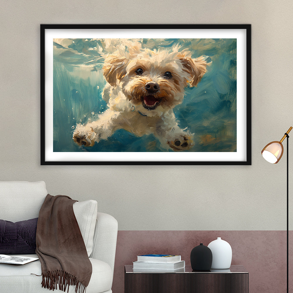Funny Cockapoo Dog Swimming Underwater Watercolor, Funny Pet Art, Framed Art Print White Border Wall Decor