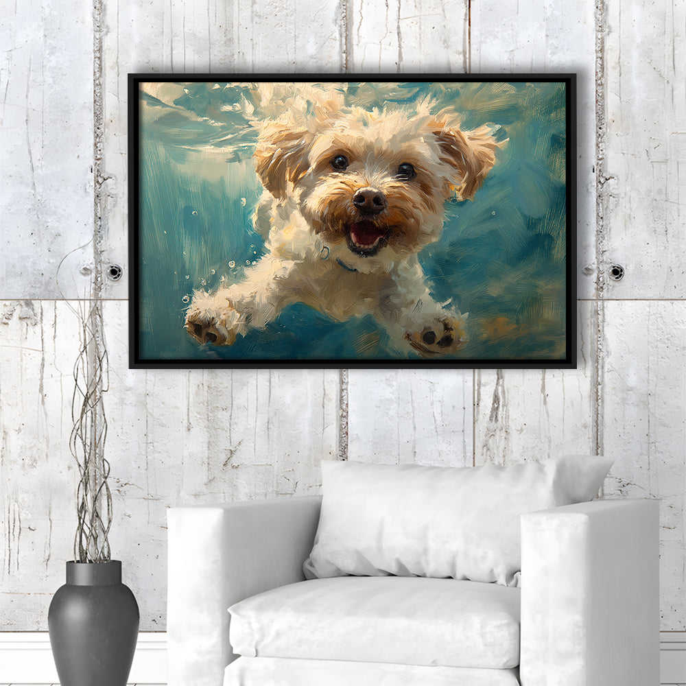 Funny Cockapoo Dog Swimming Underwater Watercolor, Funny Pet Art, Floating Framed Canvas Print Wall Art