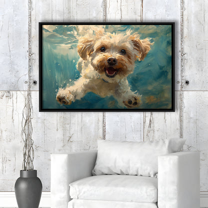 Funny Cockapoo Dog Swimming Underwater Watercolor, Funny Pet Art, Floating Framed Canvas Print Wall Art