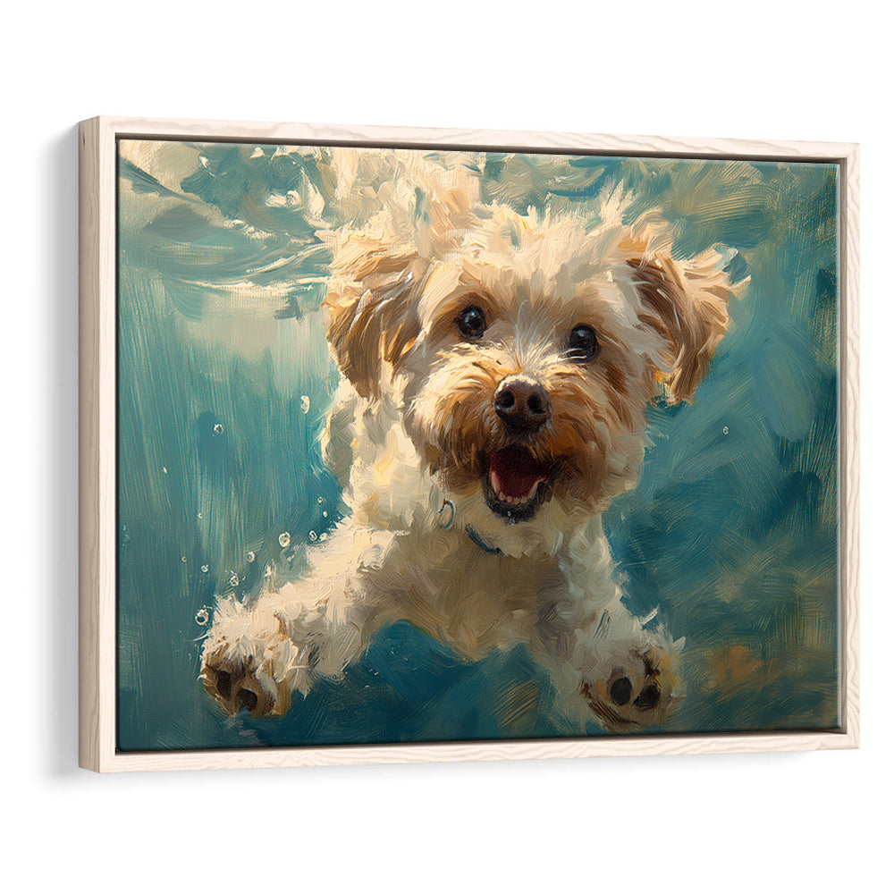 Funny Cockapoo Dog Swimming Underwater Watercolor, Funny Pet Art, Floating Framed Canvas Print Wall Art