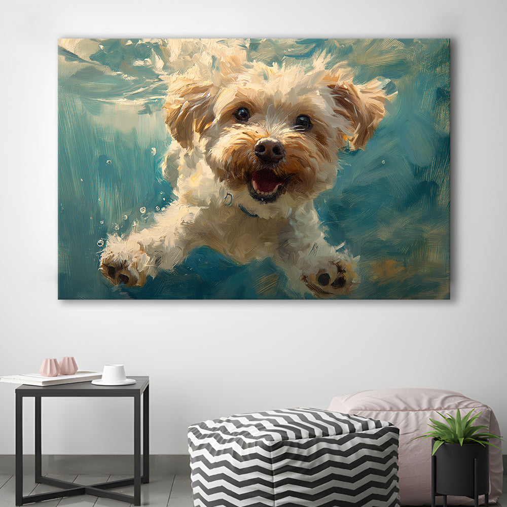 Funny Cockapoo Dog Swimming Underwater Watercolor, Funny Pet Art, Canvas Print Wall Art Home Decor