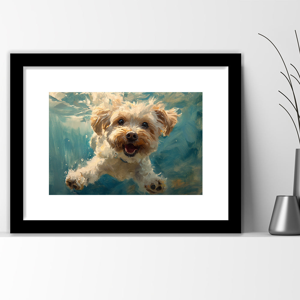 Funny Cockapoo Dog Swimming Underwater Watercolor, Funny Pet Art, Framed Art Print White Border Wall Decor