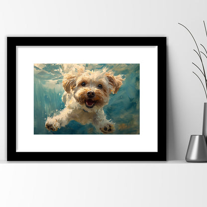 Funny Cockapoo Dog Swimming Underwater Watercolor, Funny Pet Art, Framed Art Print White Border Wall Decor