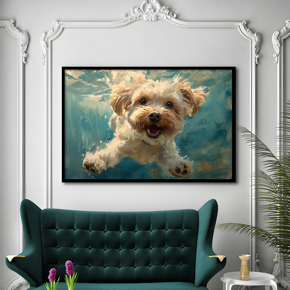 Funny Cockapoo Dog Swimming Underwater Watercolor, Funny Pet Art, Framed Art Print Wall Decor, Framed Picture