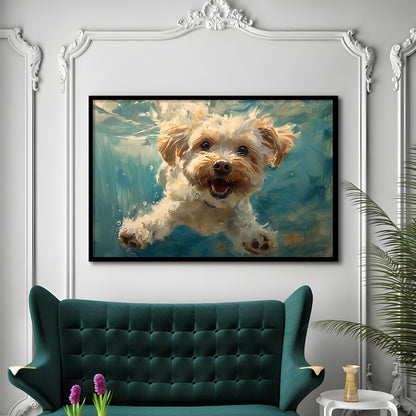 Funny Cockapoo Dog Swimming Underwater Watercolor, Funny Pet Art, Framed Art Print Wall Decor, Framed Picture