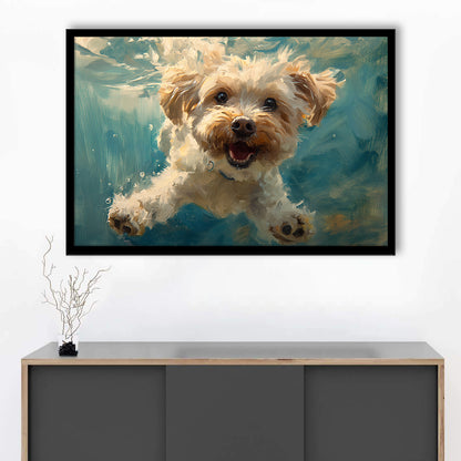 Funny Cockapoo Dog Swimming Underwater Watercolor, Funny Pet Art, Framed Art Print Wall Decor, Framed Picture