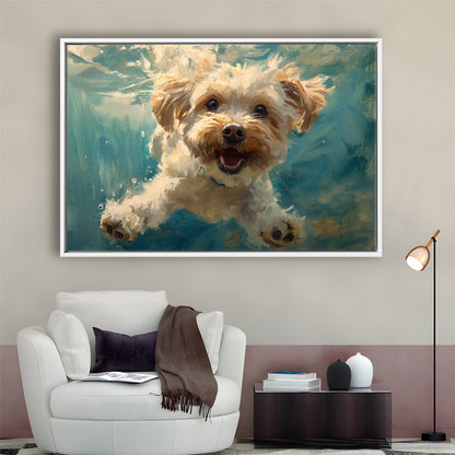 Funny Cockapoo Dog Swimming Underwater Watercolor, Funny Pet Art, Floating Framed Canvas Print Wall Art