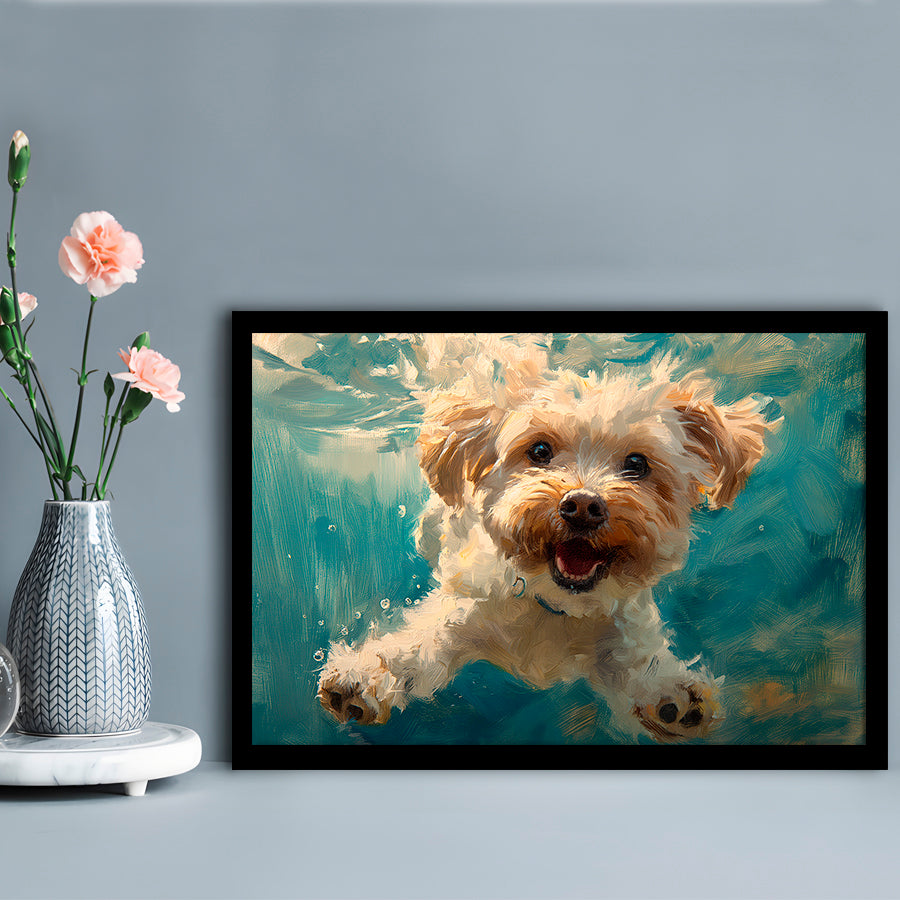 Funny Cockapoo Dog Swimming Underwater Watercolor, Funny Pet Art, Framed Art Print Wall Decor, Framed Picture