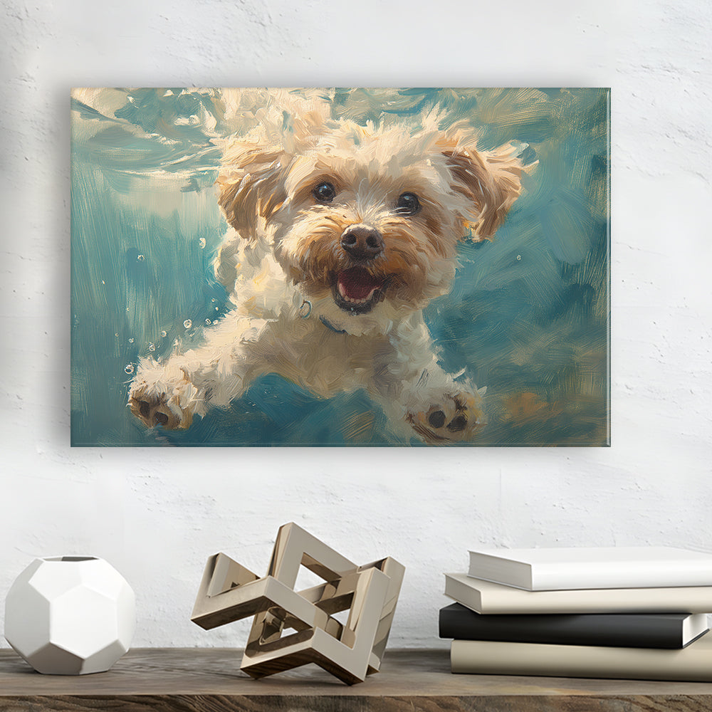 Funny Cockapoo Dog Swimming Underwater Watercolor, Funny Pet Art, Canvas Print Wall Art Home Decor