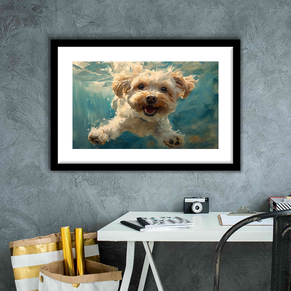 Funny Cockapoo Dog Swimming Underwater Watercolor, Funny Pet Art, Framed Art Print White Border Wall Decor