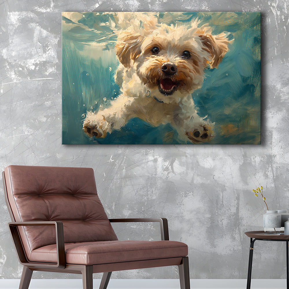 Funny Cockapoo Dog Swimming Underwater Watercolor, Funny Pet Art, Canvas Print Wall Art Home Decor