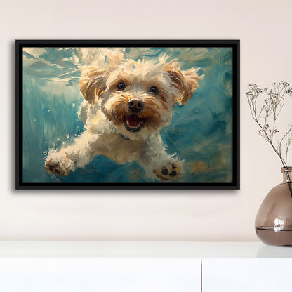 Funny Cockapoo Dog Swimming Underwater Watercolor, Funny Pet Art, Floating Framed Canvas Print Wall Art
