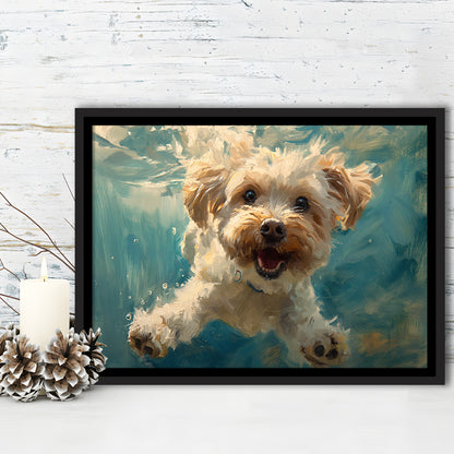 Funny Cockapoo Dog Swimming Underwater Watercolor, Funny Pet Art, Floating Framed Canvas Print Wall Art