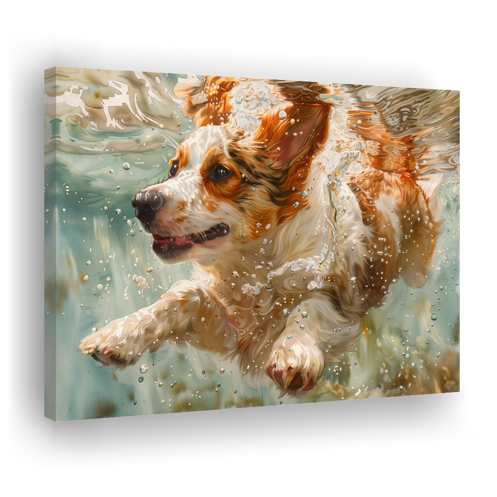 Funny Corgi Puppie Underwater Watercolor, Funny Pet Art, Canvas Print Wall Art Home Decor