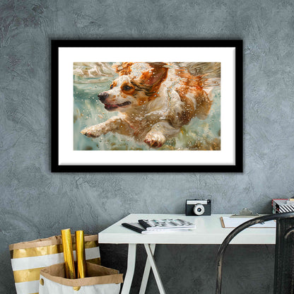 Funny Corgi Puppie Underwater Watercolor, Funny Pet Art, Framed Art Print White Border Wall Decor